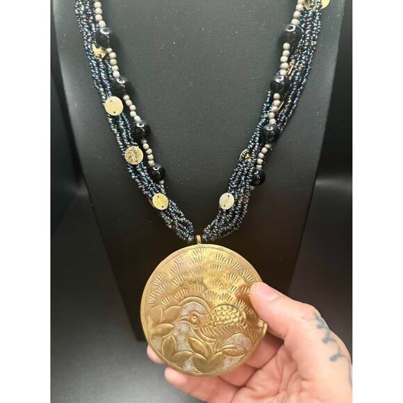 Vintage Handcrafted Brass Etched Bird Pendant with Beaded Collar Necklace - Picture 5 of 10
